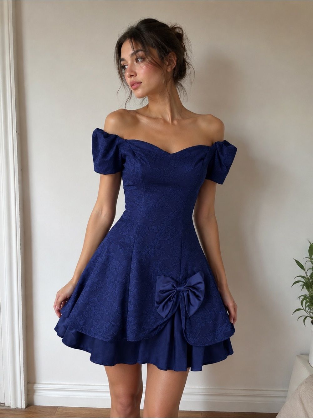 Y2k vintage Notorious Blue Floral Jacquard Cocktail Dress Size 5 Bow - Picture 2 of 12